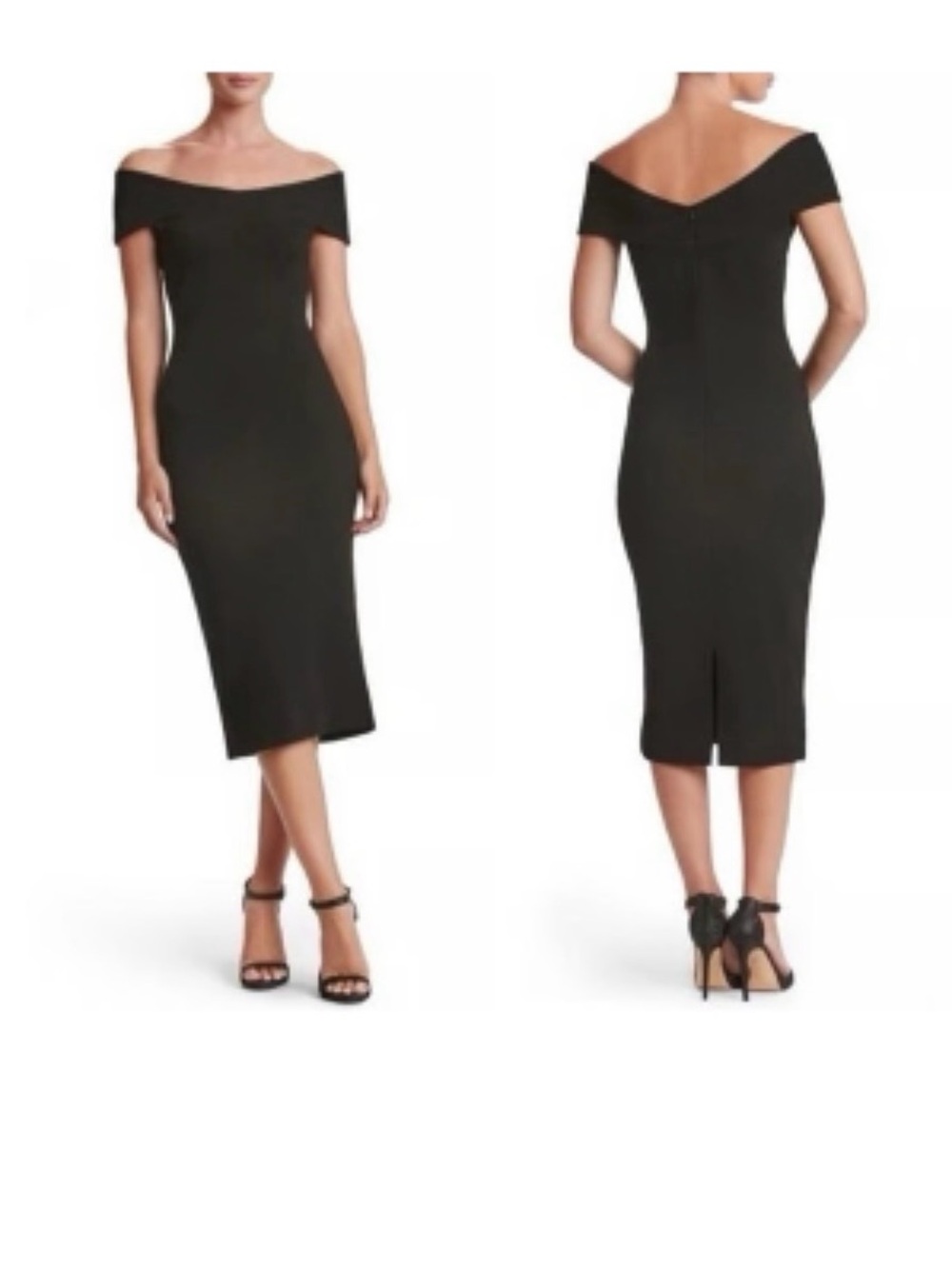 Dress the Population Textured Claudette Off-Shoulder Black Midi Dress